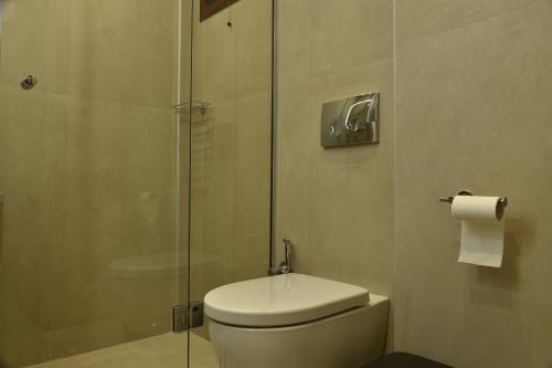 a bathroom with a toilet and a glass shower at Stone Hut Apartments in Ayios Nikolaos Sithonia
