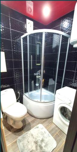 a bathroom with a shower and a toilet and a sink at Stone city center ІІ in Kamianets-Podilskyi