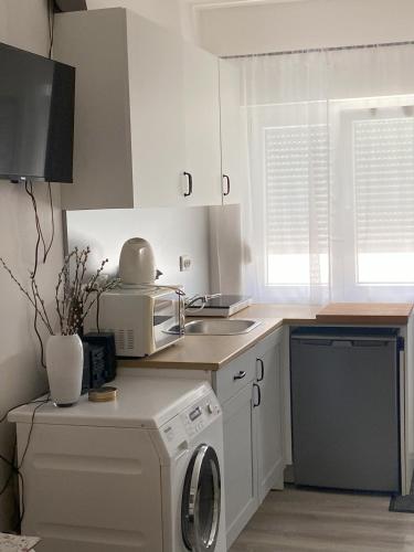 a kitchen with a washing machine and a microwave at Apartman Zeljka in Pula