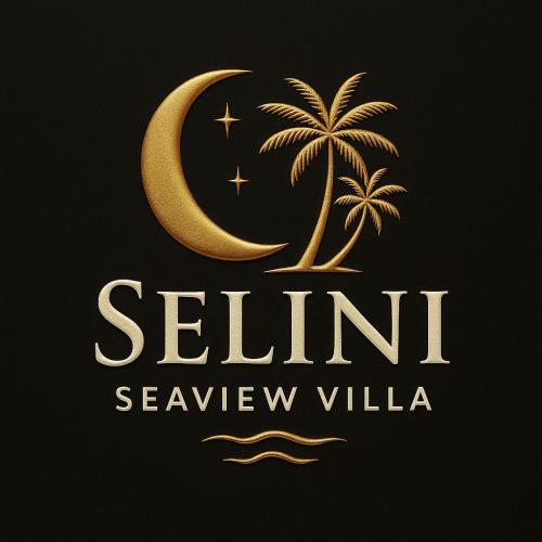 a gold moon and palm trees on a black background at Selini Seaview Villa in Kissamos