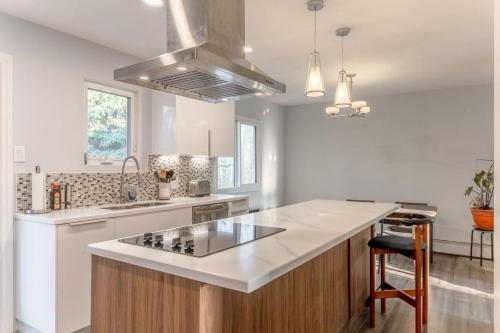 a kitchen with a white counter top and a kitchen island at Modern Downtown Stay in Yellowknife