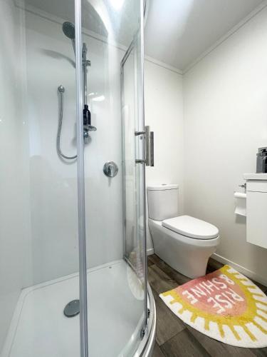 a bathroom with a shower with a toilet and a rug at The Napier Nook in Napier