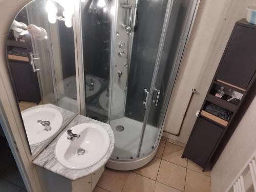 une salle de bain avec douche et lavabo dans l'établissement Saint Hilaire de Riez appartement T2 a 200m mer, à La Celle-sous-Gouzon