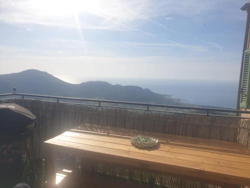 a cactus sitting on a wooden bench with mountains in the background at Superbe Maison de village authentique vue mer in SantʼAntonino