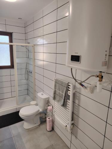 une salle de bain blanche avec toilettes et douche dans l'établissement Joli appartement F3 proche transport, à Vénissieux