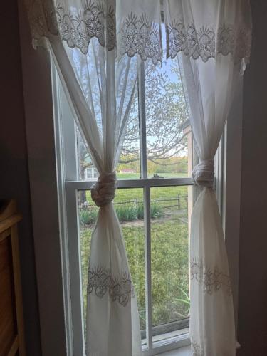 a window with white curtains in a room at Ozark Country Inn in Mountain View