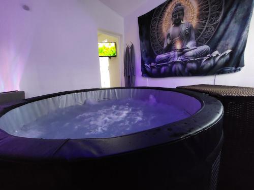 a hot tub in a room with a painting on the wall at Love zen et spa in Solliès-Toucas