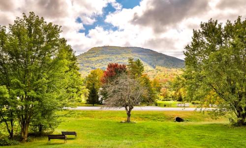 a park with a bench and trees and a mountain at Matterhorns Hunter Lodge in Hunter