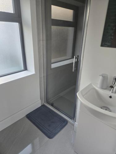 a shower with a glass door next to a sink at Blue house, Carraroe in Carraroe