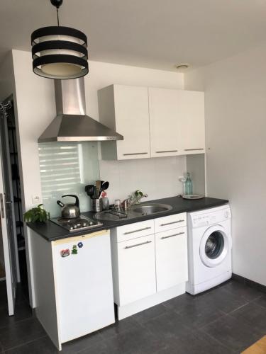 une cuisine avec un évier et une machine à laver dans l'établissement Appartement en RDC avec 1 chambre séparée, à La Celle-sous-Gouzon