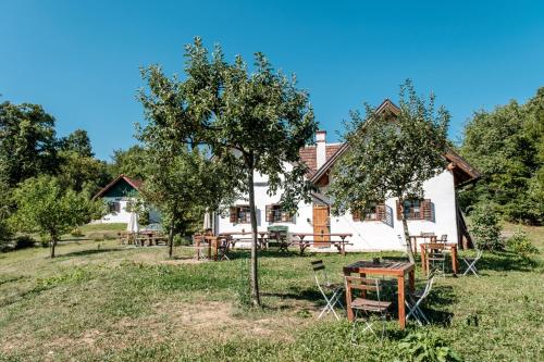 a white house with picnic tables and a tree at Weineks Kellerstöckl - Weingartenquartier in Eberau