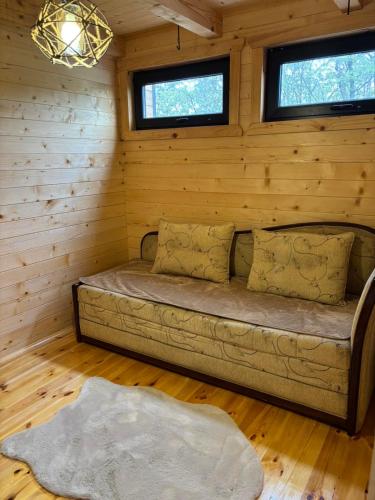 a couch in a room with wooden walls and windows at Driftwood Dreams in Cetinje