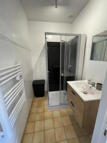 une salle de bain avec douche et lavabo dans l'établissement Maison au calme , proche du parc du PDF, à Pouzauges