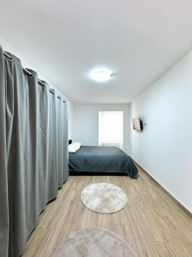 - une chambre avec un lit et des rideaux dans l'établissement Coeur d'Albertville - Hyper Centre- Gare à 800 m, à Albertville