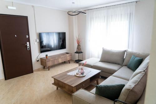 a living room with a couch and a tv at Villa Anastasia 1 in Fourka