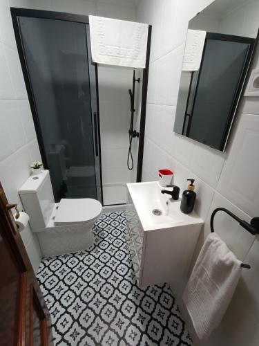 a bathroom with a toilet and a sink and a mirror at Duplex de 130m2 al lado de las playas de Cuchia in Miengo