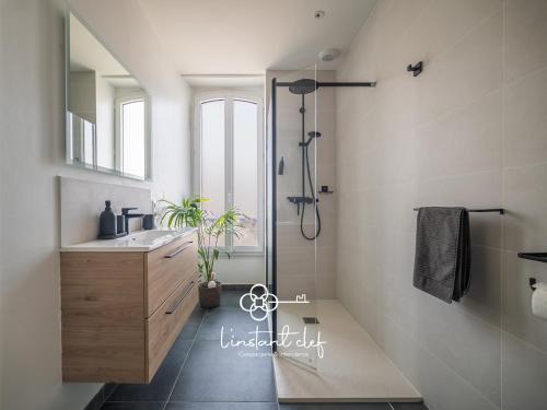 une salle de bain avec un lavabo et une douche dans l'établissement Charme au Mans - Jardin arboré & douceur de vivre, au Mans