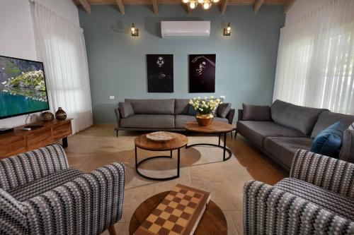a living room with a couch and a tv at וילה גליתא - בריכה , ג'קוזי ונוף in ‘Ein Ya‘aqov