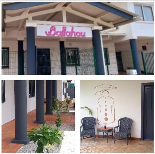 a collage of pictures of a building with a sign at Hôtel Ballahou in Kourou