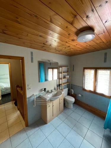 Łazienka z umywalką, toaletą i drewnianymi sufitami w obiekcie Maison 100m2 - 3 chambres w mieście Villar-Saint-Pancrace