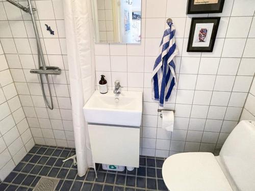 a bathroom with a sink and a shower and a toilet at 2 person holiday home in BORRBY in Borrby