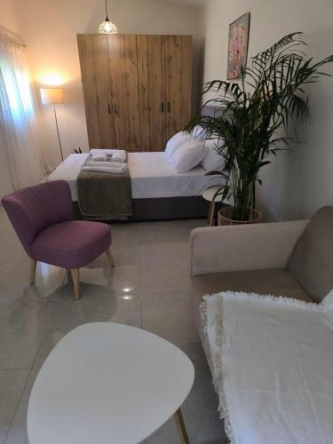 a bedroom with a bed and a couch and a table at Araucaria studio Manis in Mesochórion