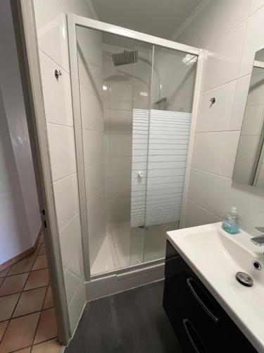 une salle de bain avec douche et lavabo dans l'établissement Appartement rénové à 5min de la Comédie - Clim - 4 personnes, à Montpellier