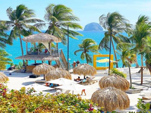 a beach with chairs and palm trees and the ocean at 412 The Diamond Swing in Le Diamant