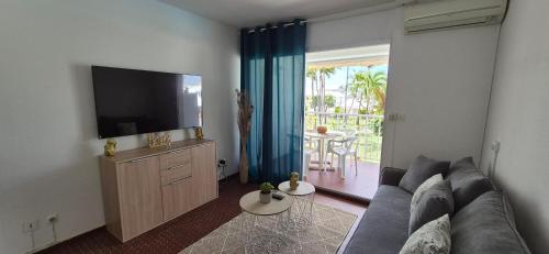 Una sala de estar con un sofá y un televisor de pantalla plana. en Appartement F2 Vue Piscine, en Saint-François