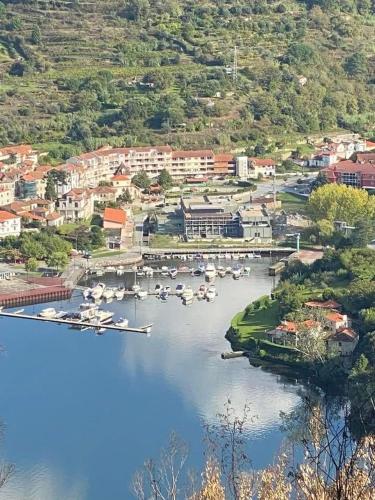 an aerial view of a harbor with boats in the water at casa Pinto Douro country in Ancede