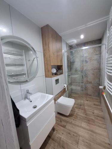a bathroom with a toilet and a sink and a shower at Trimare in Sztutowo