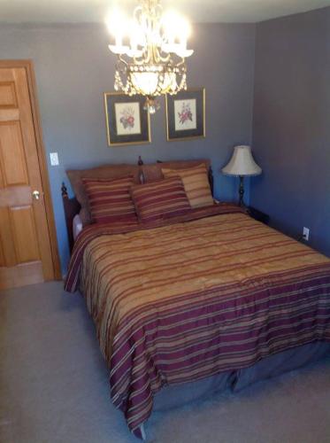 a bedroom with a large bed with a chandelier at A Hyde Away Inn B&B in Tok