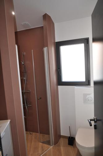 une salle de bain avec douche et toilettes et une fenêtre dans l'établissement Appartement T2 proche forêt et plages, à Anglet
