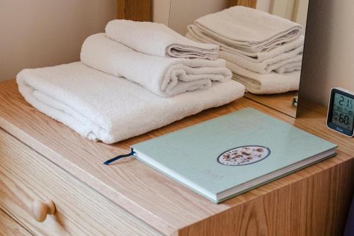 a stack of towels and a laptop on a dresser at La casa di rovere in Lugo