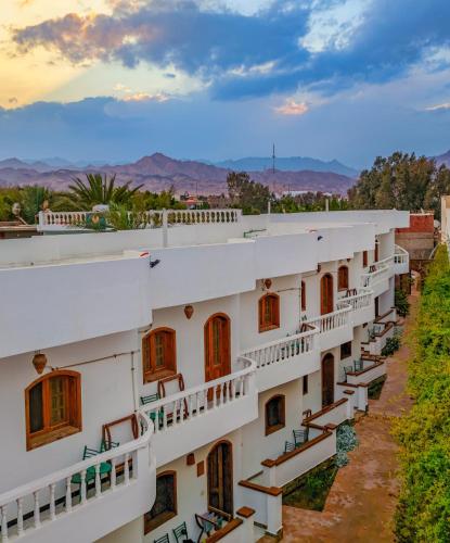 a row of white buildings with windows and mountains in the background at Ghazala Oasis Hotel in Dahab