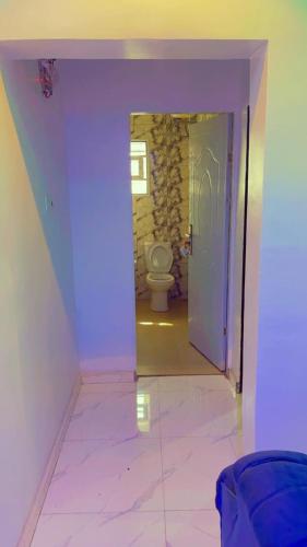 a hallway with a toilet in a room at EMERALD - Live and chill in Ibadan