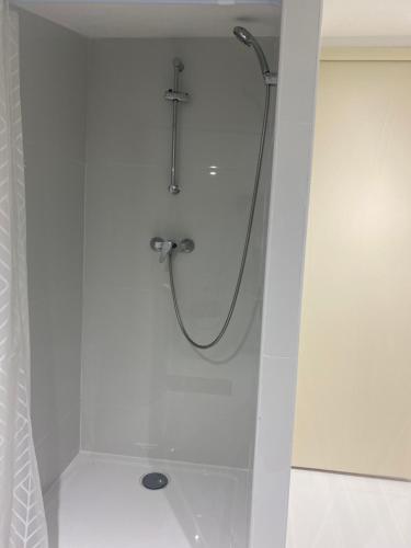 a shower in a white bathroom with a shower at Chambre privée en centre-ville in Trèbes