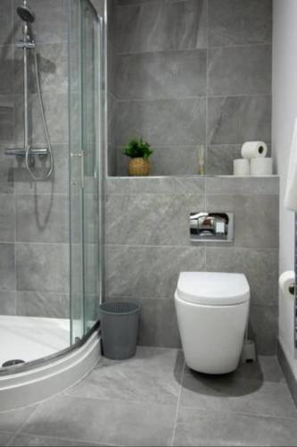 a bathroom with a shower and a toilet and a tub at 2 BR City Centre Apartment with Terrace in Belfast
