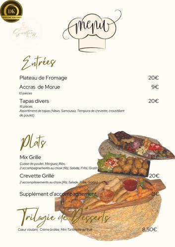 a menu for a mexican restaurant with a plate of food at Bungalow Domaine Kaliope in Le Robert