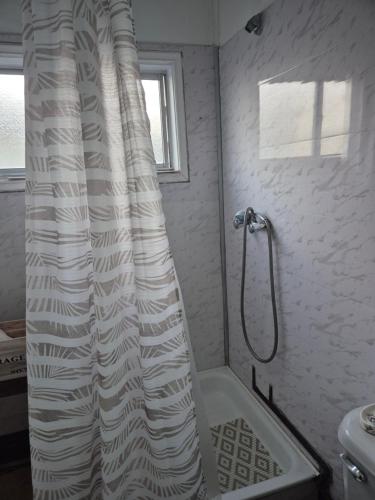 Un baño con ducha con cortina de ducha. en alojamiento en punta arenas, en Punta Arenas