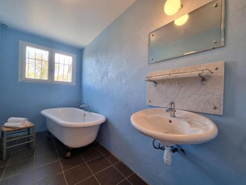 a bathroom with a sink and a tub and a mirror at Le Paradis in Cazedarnes