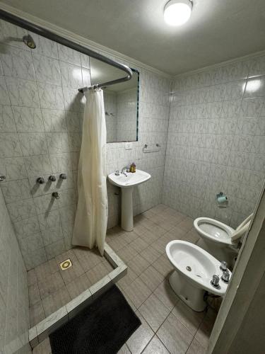 a bathroom with a shower and a sink and a toilet at Tucan Hostel in Puerto Iguazú