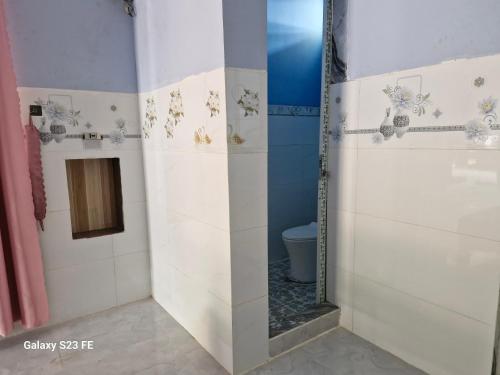 a bathroom with a shower with a toilet and a mirror at mekong floating market Nam Giang homestay in Cai Be