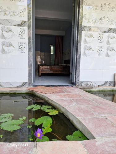 a pond with a purple flower in front of a building at mekong floating market Nam Giang homestay in Cai Be