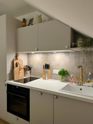 une cuisine avec des armoires blanches et un évier dans l'établissement Meudon Jewel Near Paris, à Meudon