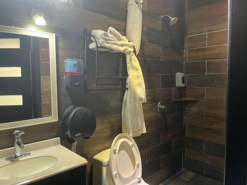 a bathroom with a toilet and a sink at Hotel y Restaurante La Montaña in Mapastepec
