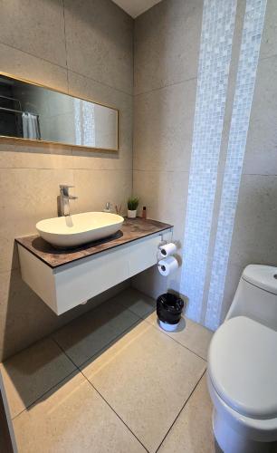 a bathroom with a sink and a toilet at Acogedor y Centrico Apartamento in San Salvador