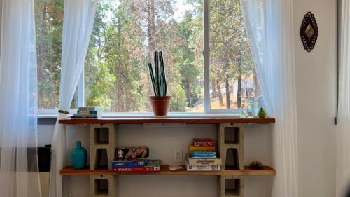 a shelf in a room with a window at Sequoia Pine View Trailer Featured on HGTV in Wofford Heights