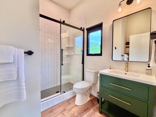 a bathroom with a toilet and a sink and a shower at Knob Hill at Three Suns Cabins in Slade