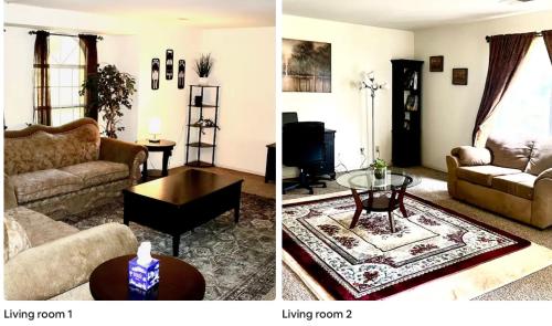 two pictures of a living room with a couch and a table at Sequoia vacation home in Baker and Hall Airport